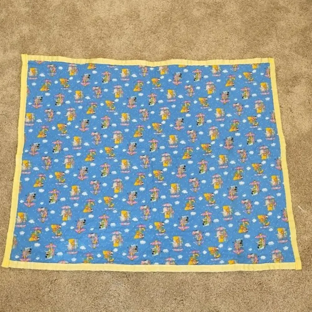 Vintage Handmade Quilted Baby Blanket Noah's Ark with Animals and Rainbow 34x42